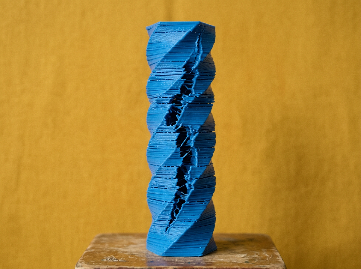 Une colonne bleue torsadée avec une fente qui sépare ses couches.