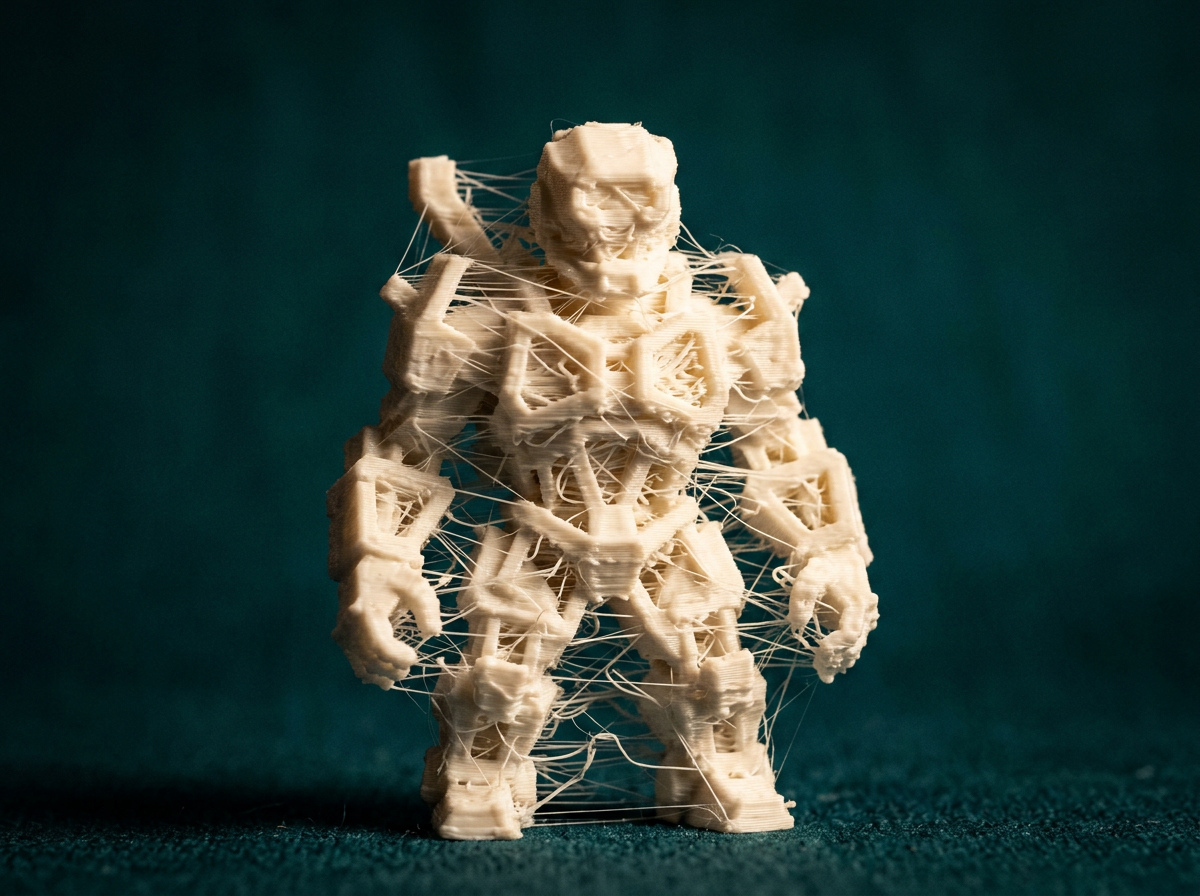 Une figurine de robot en plastique beige entourée de fils très fins.