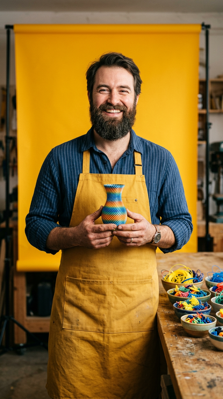 Un homme barbu souriant tient un petit vase imprimé en couleurs, dans un atelier.