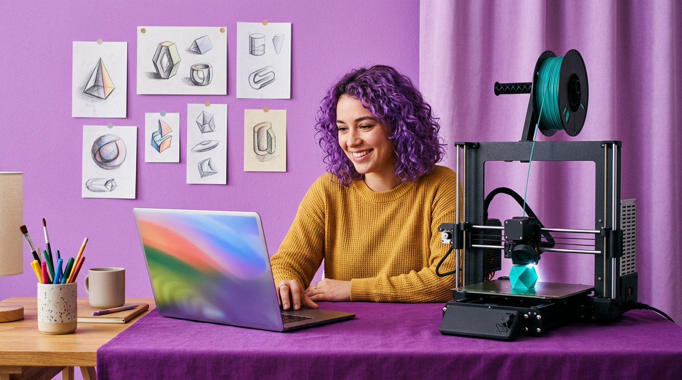 Une femme aux cheveux violets sourit devant son ordinateur, à côté d’une imprimante 3D.