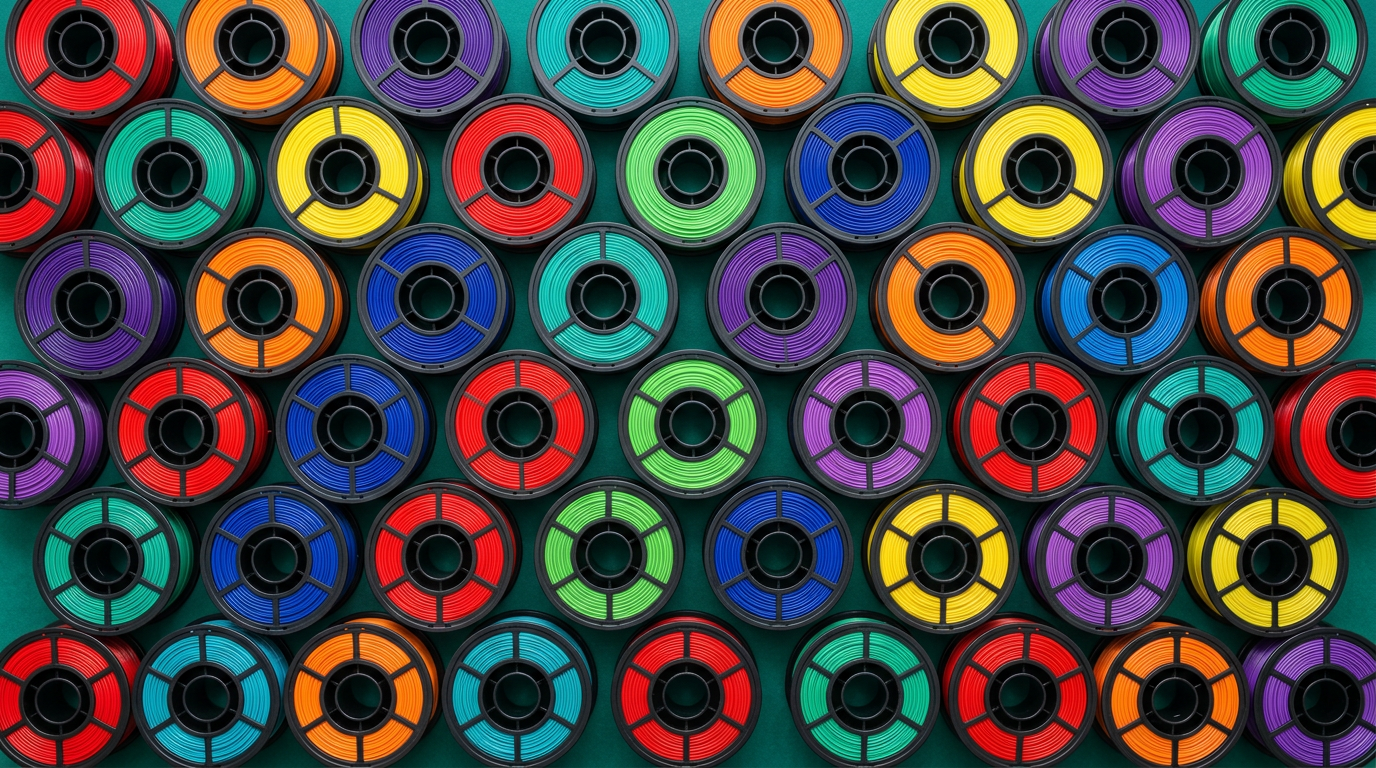 Une grille de bobines de filament de toutes les couleurs, vues de dessus.