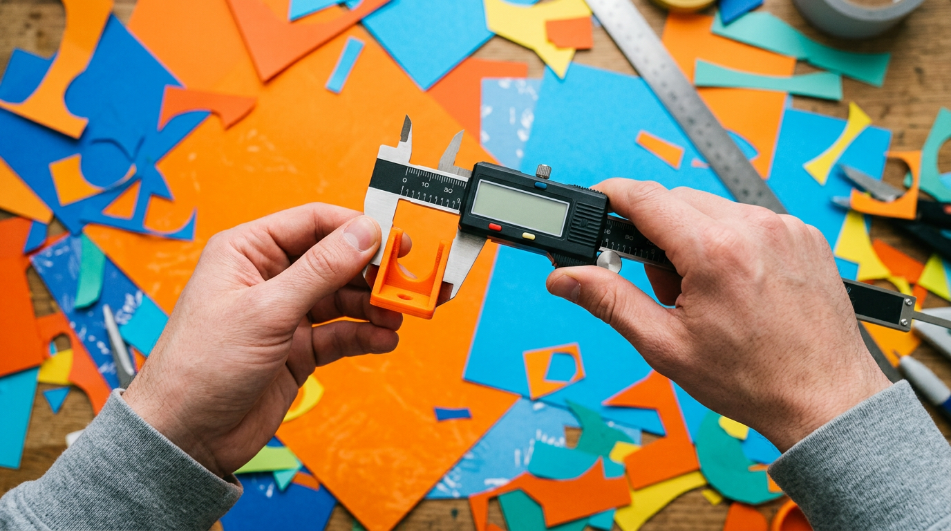 Deux mains mesurent une petite pièce orange avec un pied à coulisse, au milieu de papiers découpés.