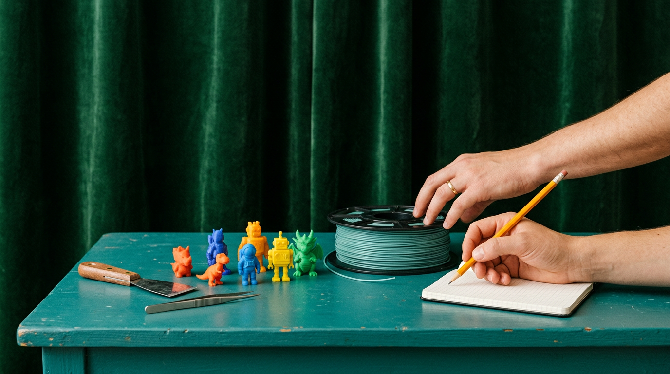 Des figurines imprimées, une bobine de fil et un carnet sur une table verte.