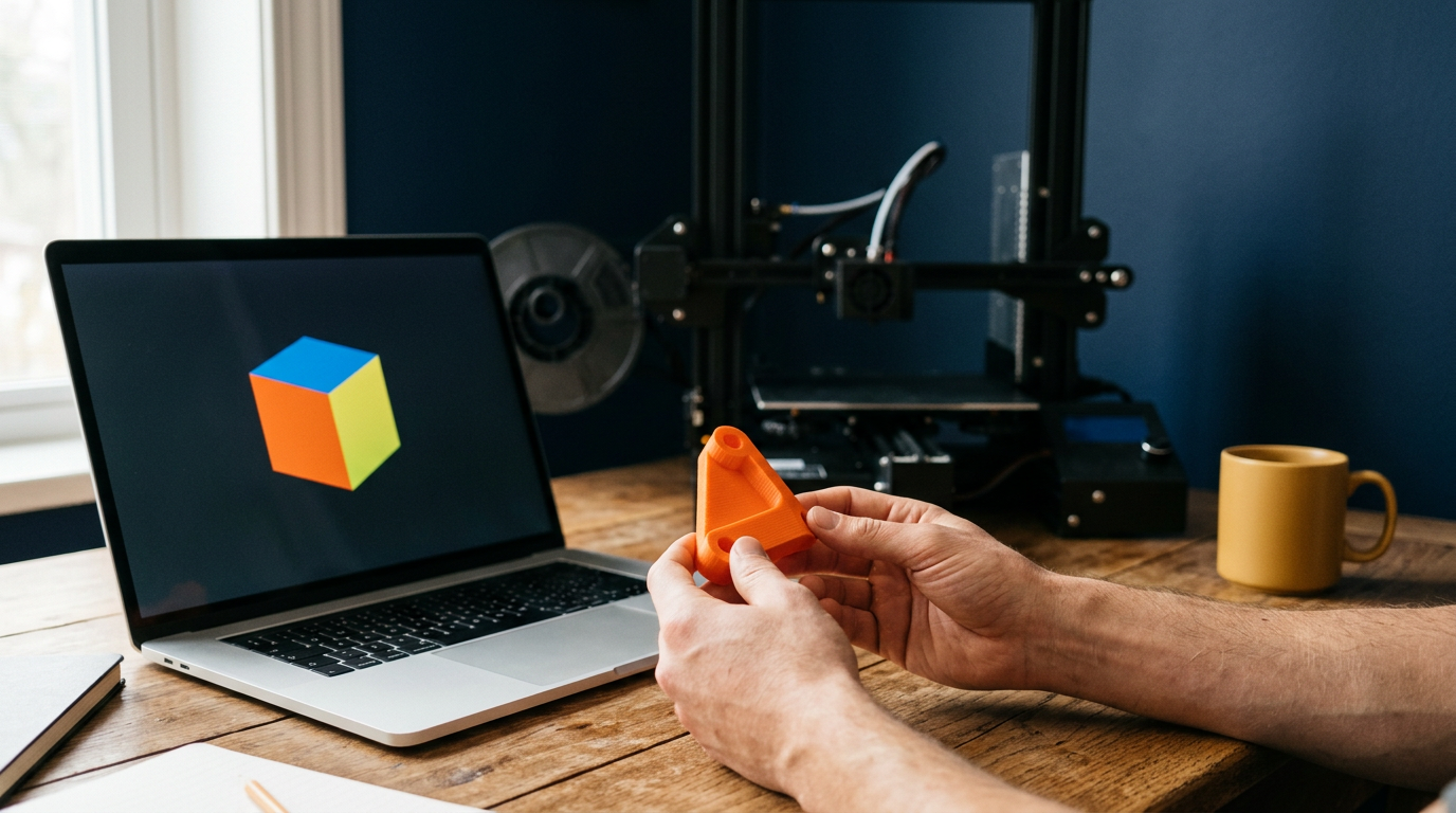 Deux mains tiennent une petite pièce orange imprimée, devant un ordinateur et une imprimante 3D.