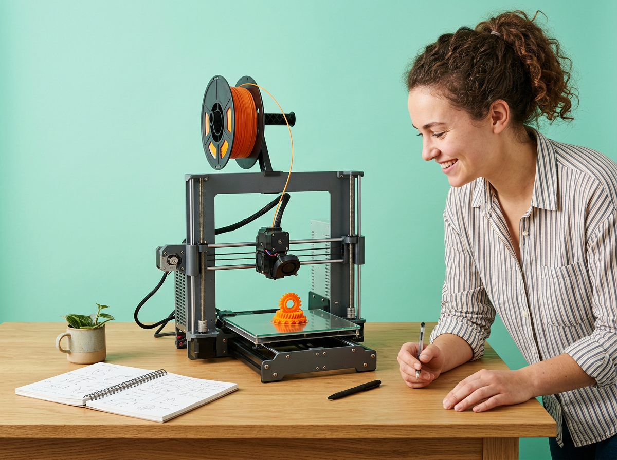 Une femme sourit devant une imprimante 3D qui fabrique un engrenage orange, un carnet ouvert sur la table.