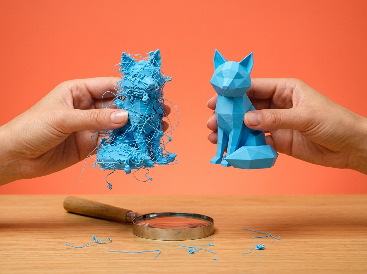 Deux mains tiennent un renard bleu raté, couvert de fils, et le même renard réussi.